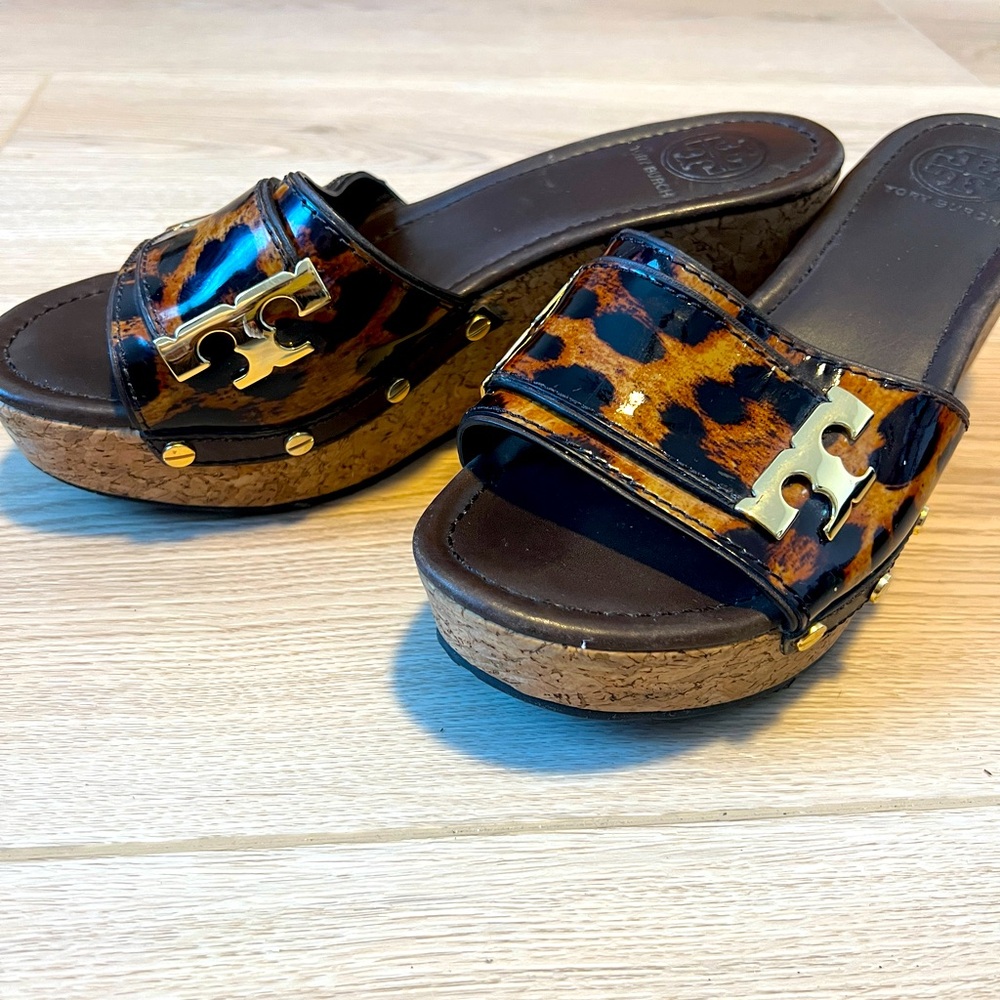 Tory Burch Pamela Wedge Leopard Print Patent Leather Upper and Cork Sole